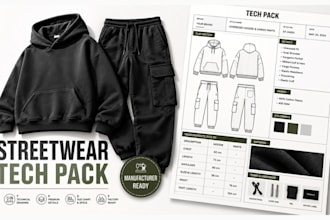 create fashion tech pack, technical drawing and clothing sewing pattern