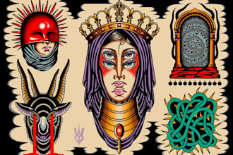 draw american traditional design in a crazy and unique style