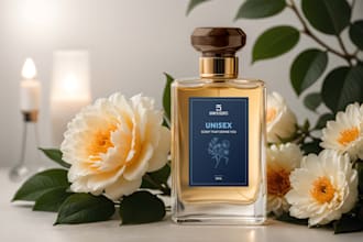 design a premium perfume label and bottle packaging