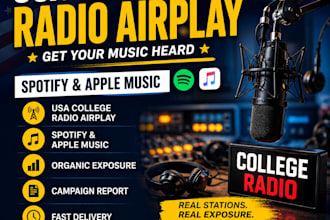 airplay your spotify song, apple music 4x on 6k USA,US college radio station