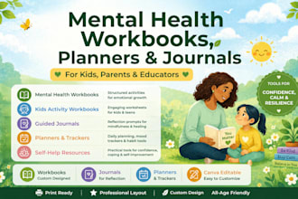 design mental health workbook, prayer journal design, planner, for kids, parents