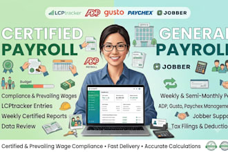 process certified payroll using lcptracker, adp, gusto, paychex, and jobber