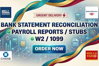 payroll reports, stubs, bank statement reconciliation, w2, 1099