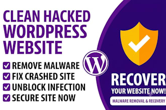clean hacked wordpress website, remove malware and recover crashed,infected site