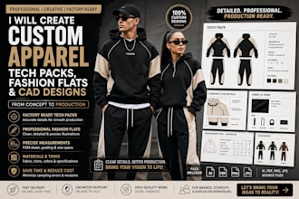 create custom apparel tech packs, fashion flats and cad designs