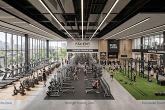 showcase 3d fitness center, gym interior layout, workout studio render,yoga room