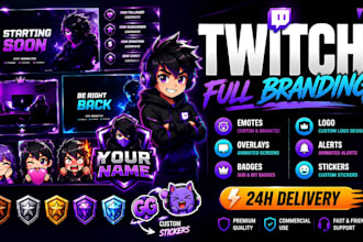 create twitch emotes, twitch streams overlays, twitch logo, stickers and badges