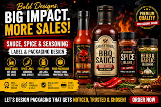 design bold hot sauce, BBQ sauce, spice and seasoning label packaging