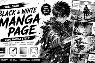 draw a black and white comic page with cool manga style as a mangaka