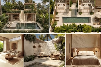 design realistic 3d tropical villas, bali resorts, beach houses and lodges