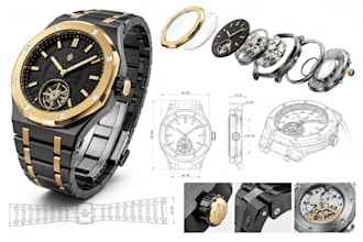 design luxury watch, cad model with technical drawing for manufacturing