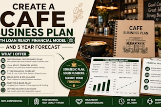 create a cafe business plan with loan ready financial model and 5 year forecast