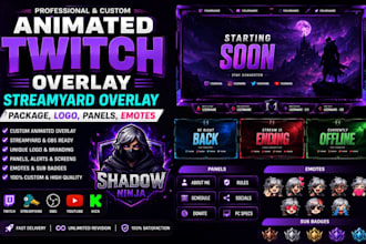 design animated twitch overlay streamyard overlay package logo panels emotes