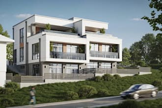elevate cgi duplex residence,suburban living,aerial 3d rendering,terrace balcony