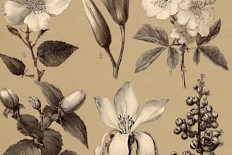 draw botanical illustration of flowers, plants, line art