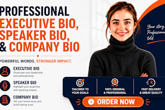 write a professional executive bio, speaker bio, and company bio