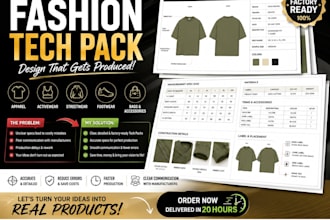 make production ready tech packs with flat sketches, specs, bom and size charts