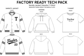 create factory ready tech packs for varsity jacket, hoodie jacket and t shirt