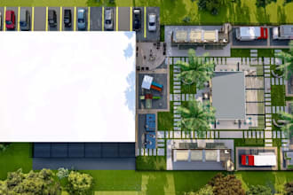 visualize 3d urban food park,food truck design, commercial outdoor dining render