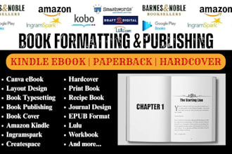 do book formatting for amazon kindle, lulu, ingramspark, book layout typesetting