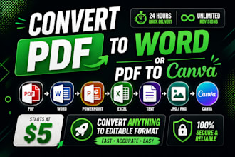 convert PDF, ai, word, excel, and png to canva in 12 hours