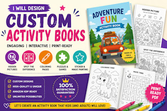 design custom activity books with coloring pages, hidden pictures, and fun games
