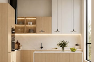 design modern kitchen, living room and dining room with realistic 3d rendering