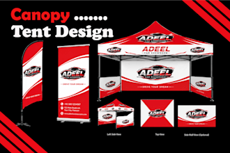 design a canopy tent design, feather flag, and tablecloth