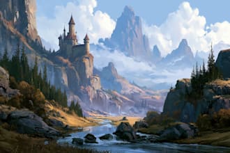 draw fantasy landscape illustration, gaming or card background