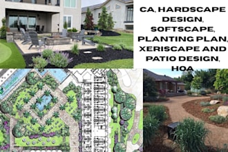 ca, hardscape design, softscape, planting plan, xeriscape and patio design, hoa