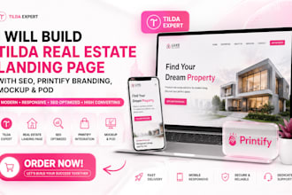 build tilda real estate landing page with SEO printify branding mockup pod