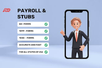 prepare stubs, payroll reports, form w2, w3 and form 1099