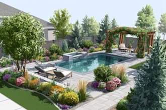 design front yard backyard landscape pool patio pergola fence with plant beds