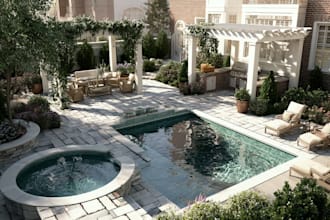 design backyard, landscape, patio, pergola, garden, pool ,outdoor kitchen, deck,