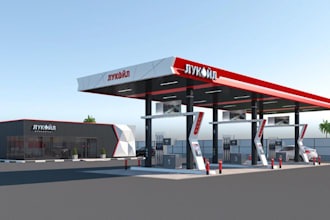 retrofit 3d gas station design, petrol station,ev electric charging, car parking