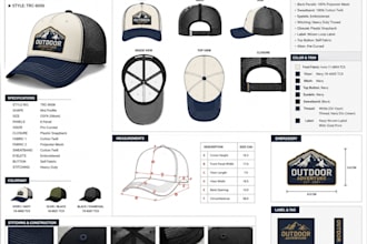 create a premium cap and hat tech pack for manufacturing