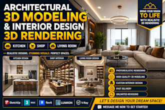 architectural 3d modeling kitchen shop living room interior design 3d rendering