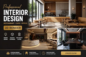 do interior design of commercial restaurant, office, cafe with 3d render