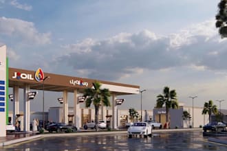 drive thru 3d concept,gas station exterior, supermarket,car wash, service center