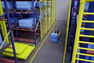 create a 3d warehouse factory robotic automation animation