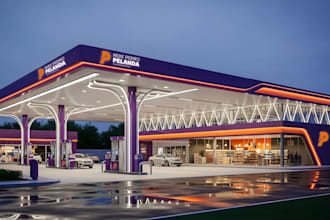 render proposed 3d gas station concept,convenience store,auto detailing,car wash