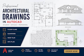 draw architectural house floor plans, elevations, roof, site plan in autocad