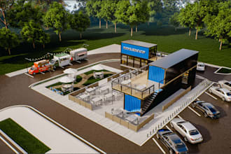 design uk container office, cafe, facade, hardscape, night render