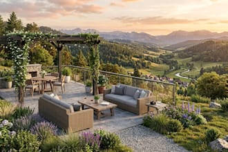 do luxury landscape backyard patio pool outdoor living space and 3d rendering