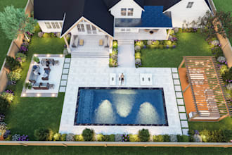 design backyard landscape with patio, deck and 3d rendering