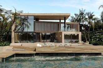 visualize3d waterfront villa,island living exterior,beach house render,cgi pool