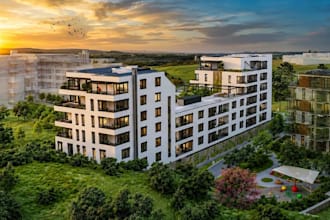 3d modern apartment complex,cgi exterior render,play area site design, bim model