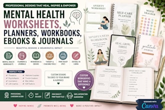 design mental health worksheets, planners, workbooks, ebook and journals