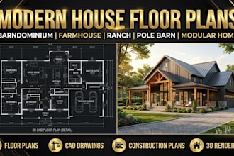 draw modern barndominium farmhouse ranch pole barn house floor plans
