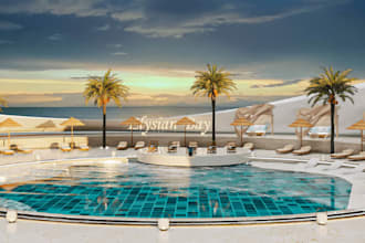do 3d resort design, 3d beach house, villa, patio pool, 3d landscape design